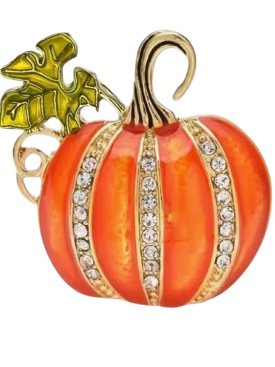 Jewelry - Gold-Tone Orange Pumpkin Brooch with Green Enamel Leaf